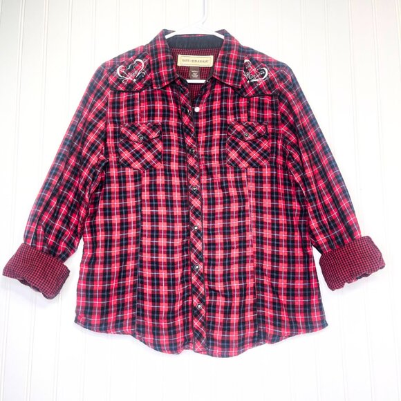 Red Multi Color Long Sleeve Button Up Pearl Snap Flannel Shirt Large - Picture 2 of 14